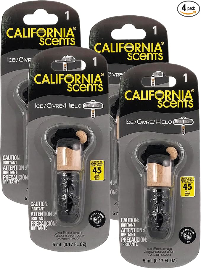 California Scents Air Fresheners Hanging Vial Necklace, Hanging Car Air Freshener & Odor Eliminator for Strong Odor (4 Packs, Ice)