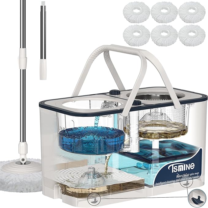 Mop Bucket and FunClean Blue Spin Mop with 12 Pcs Mop Heads