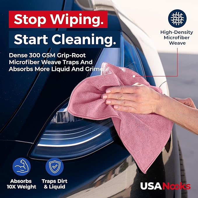 USANOOKS Microfiber Cleaning Cloth Light Pink - 12 Pcs 12.5"x12.5" - High Performance - 1200 Washes, Ultra Absorbent Towels Weave Grime & Liquid for Streak-Free Mirror Shine - Car Washing Cloth