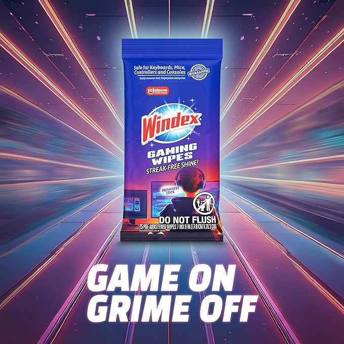 Windex Gaming Cleaning Wipes, Ammonia-Free Anti-Static Electronics Cleaner for Consoles, Controllers, Screen, TV, Computer Monitor & Keyboard, Streak-Free Pre-Moistened, 25 Count (Pack of 12)
