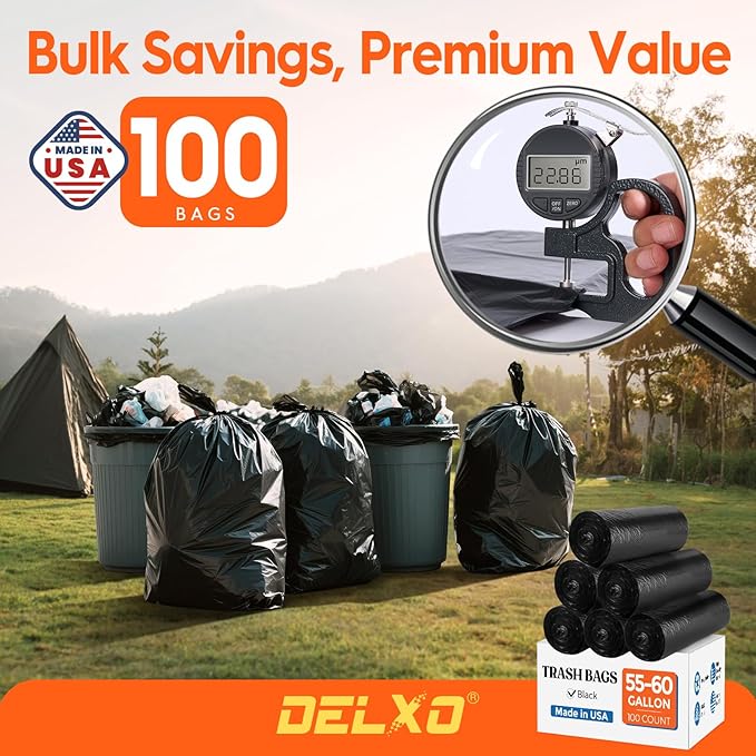 Delxo 55-60 Gallon Trash Bags, 100 Count – 0.9 Mil Medium Duty Garbage Bags, Durable & Puncture-Resistant Plastic Bolsas para basura, Perforated Design– Made in USA for Kitchen, Yard, Office (Black)