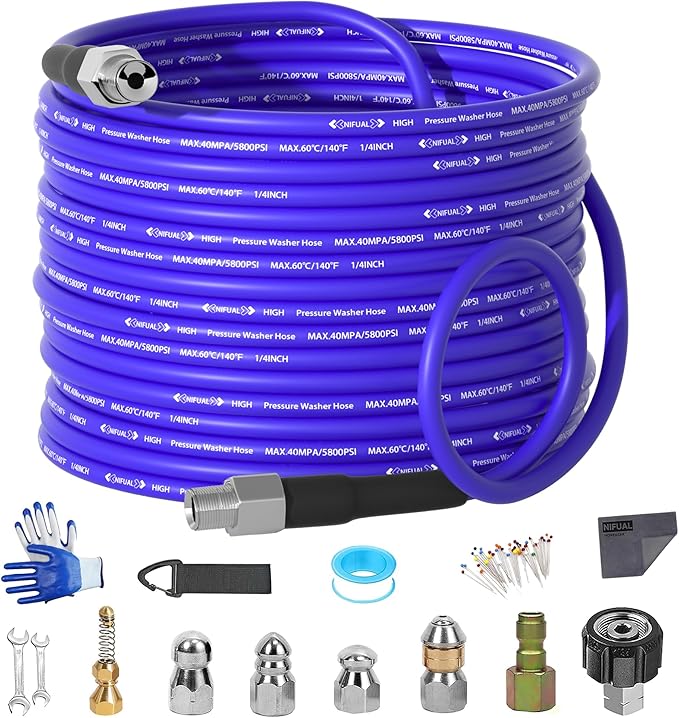 NIFUAL 50FT Sewer Jetter Kit for Pressure Washer, 5800PSI Pressure Drain Cleaner Hose 1/4 Inch NPT Corner, Rotating and Button Hose Sewer Jetting Nozzle Waterproof Tape Pearl Corsage Pin Spanner Glove