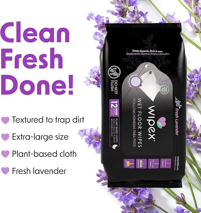 Wipex Plant Based XL Wet Floor Wipes for Squeegee Stick, Cuban Mop & Fabuloso Mop Heads - Lavender Scent, Huge Disposable Wipes (24" x 14") 12 Count (Pack of 3)