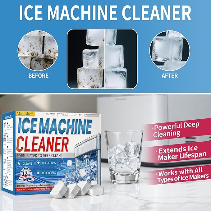 Ice Machine Cleaner Maker Descaler - 12 Unscented Clean Tablets Compatible with Opal, Kitchenaid, GE Profile,Nickel Safe Scale Remover for Countertop, Nugget Ice Makers