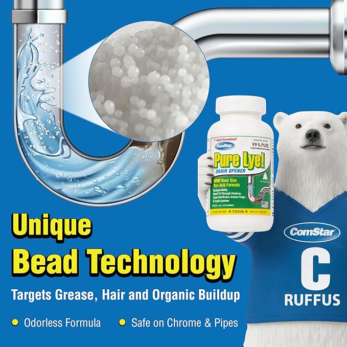 ComStar Pure Lye 400 Pound - Unique Sodium Hydroxide Beads | Drain Opener & Soap Making | Biodegradable, Eco-Friendly (30-502)