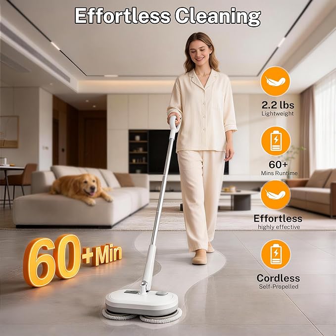 Cordless Electric Spin Mop with 220 RPM High Speed Motor for Hardwood Tile Laminate and Vinyl Floors with 6 Gray Pads