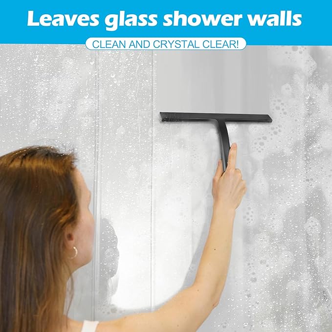 Shower Squeegee for Glass Doors, Mirror Window Tile Scrubber Cleaner with Hook Silicone (Black)