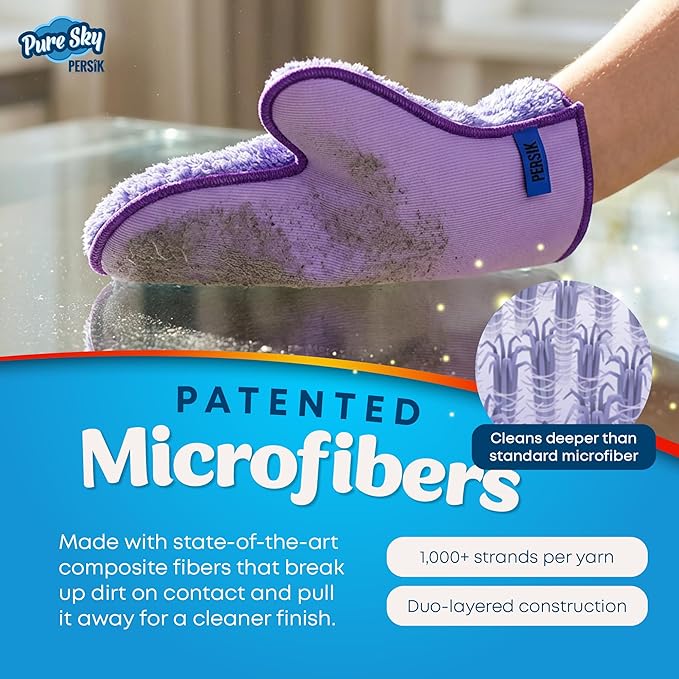 persik Pure-Sky Ultra Microfiber Cleaning Glove – JUST ADD Water No Detergents Needed - 2-in1, Combination for Glass and Multipurpose – Streak Free Magic Window Polishing Glove - Removes Stains, Dust
