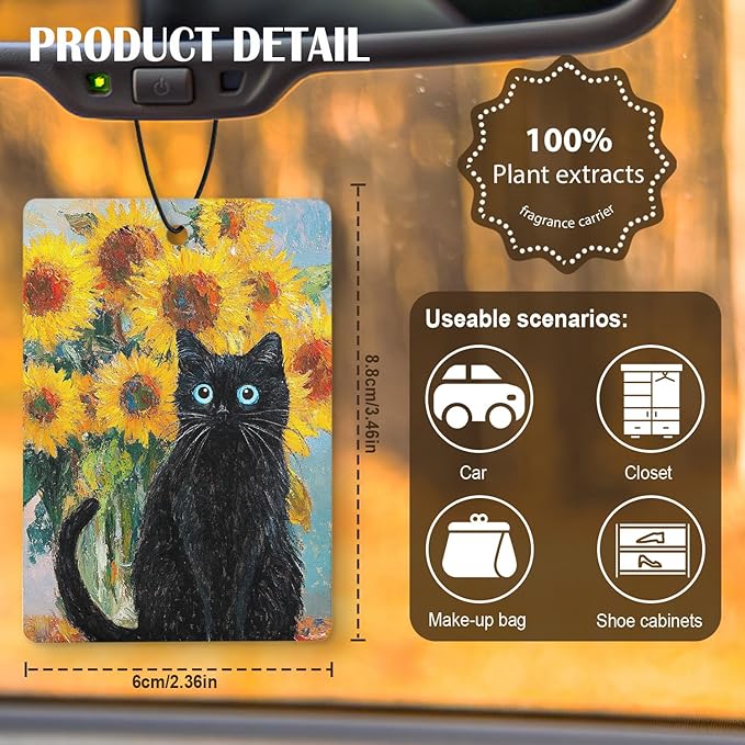 Floral Black Cat Car Air Freshener 4 Pcs, Moody Black Kitten Flower Full Moon Abstract Hanging Air Freshener for Cars Closet Drawer Books, Cat Lover Gifts Car Accessories for Women Girls