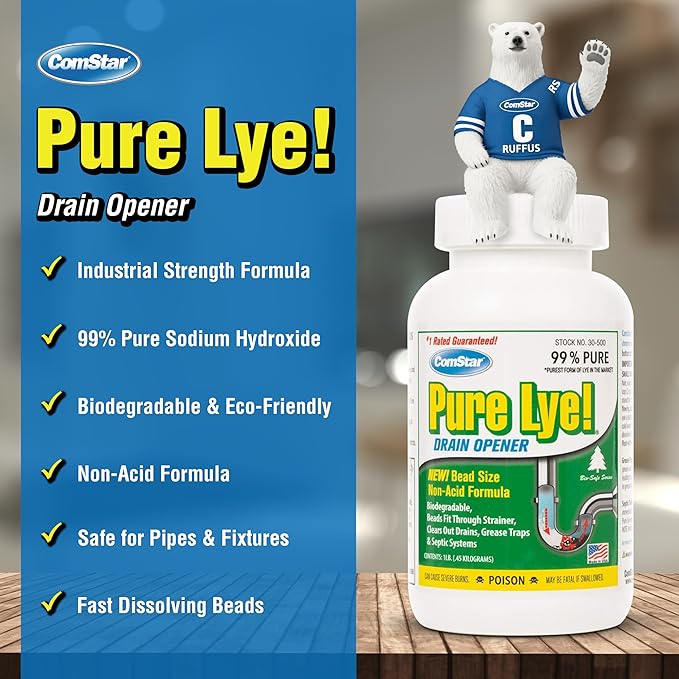 ComStar Pure Lye, 2 lb, Unique Sodium Hydroxide Beads | Drain Opener & Soap Making | Biodegradable, Eco-Friendly (Pack of 12)
