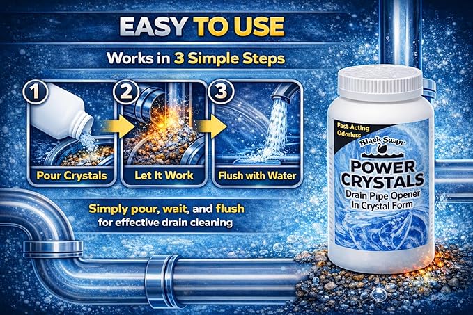 Black Swan 09177 Power Crystals Drain Opener, 32 oz - Heavy Duty Crystal Formula for Cleaning Clogged Drain Pipes Due to Grease, Food Scraps - Safe for Plumbing & Septic Systems