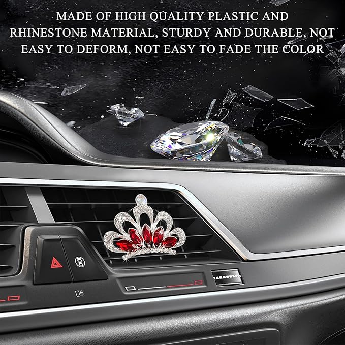 2 PCS Bling Car Air Vent Clips, Crystal Rhinestone Crown Vent Decorative Air Freshener Clips, Sparkly Diamond A/C Outlet Aroma Diffuser Clip for Vehicles, Car Accessories (Red)