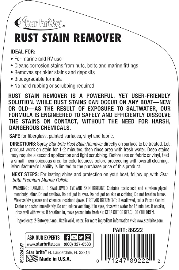 StarBrite Rust Stain Remover Spray 22 Oz - Instantly Dissolve Corrosion Stains on Fiberglass, Vinyl, Fabric, Metal & Painted Surfaces - Also Removes Sprinkler Stains - 2 Pack