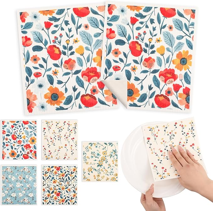 5PCS Swedish Dishcloths for Kitchen, Reusable Dish Rags for Washing Dishes with Clips, Non-Scratch Kitchen Towels and Dishcloths Sets, Washable Swedish Dish Cloths, No Odor(Plant)