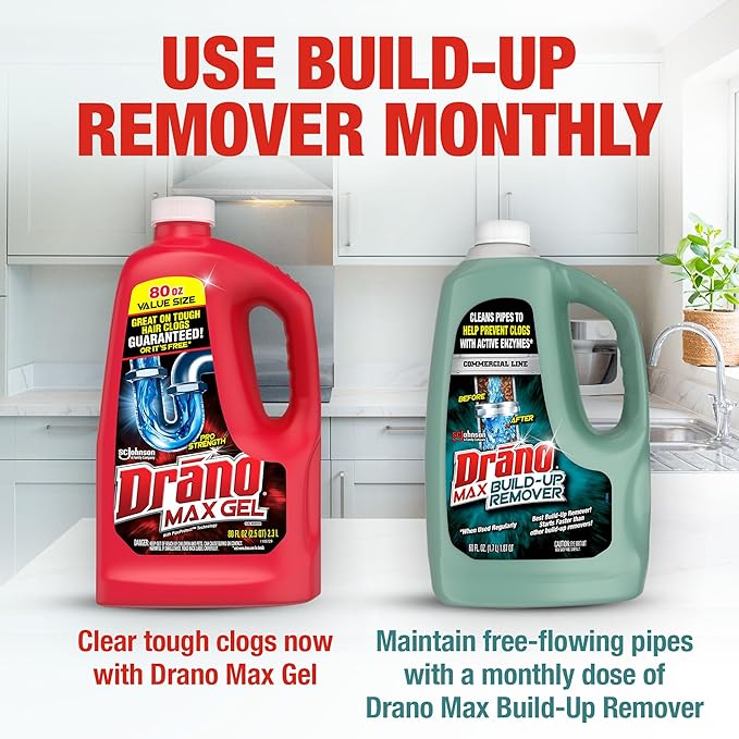 Drano Max Build Up Remover Drain Cleaner, Enzymes & Probiotics Prevents Clogs & Remove Odor-Causing Buildup, Safe for Septic, Toilets & Pipes in Bathroom Drains & Kitchen Sinks, Commercial Line, 60 oz