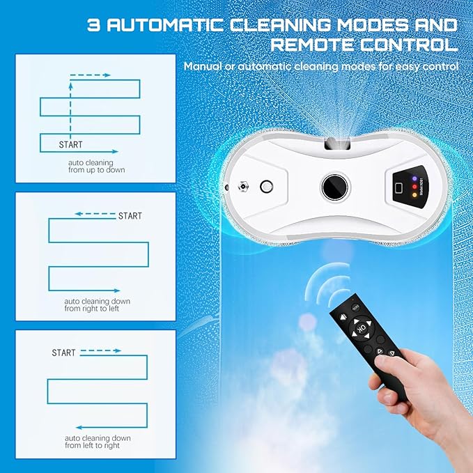 Automatic Window Cleaning Robot with Water Spray - Electric Intelligent Robot Window Cleaner Glass Cleaning with Remote Control - Smart Window Washer Robot Suction