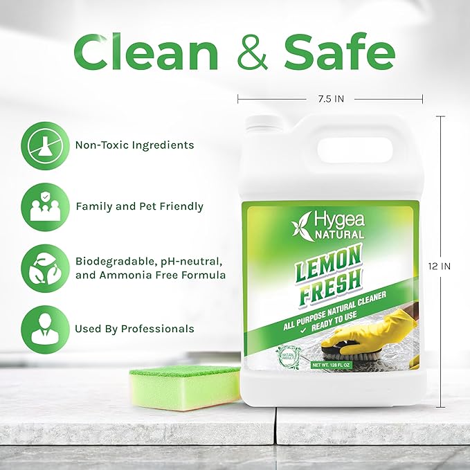 Hygea Natural Lemon Fresh All Purpose Cleaner - Multi-Surface & Floor Cleaner - Removes Soil, Dirt & Grease - Wet Gloss Finish - pH-Neutral & Ammonia Free (128oz Gallon)