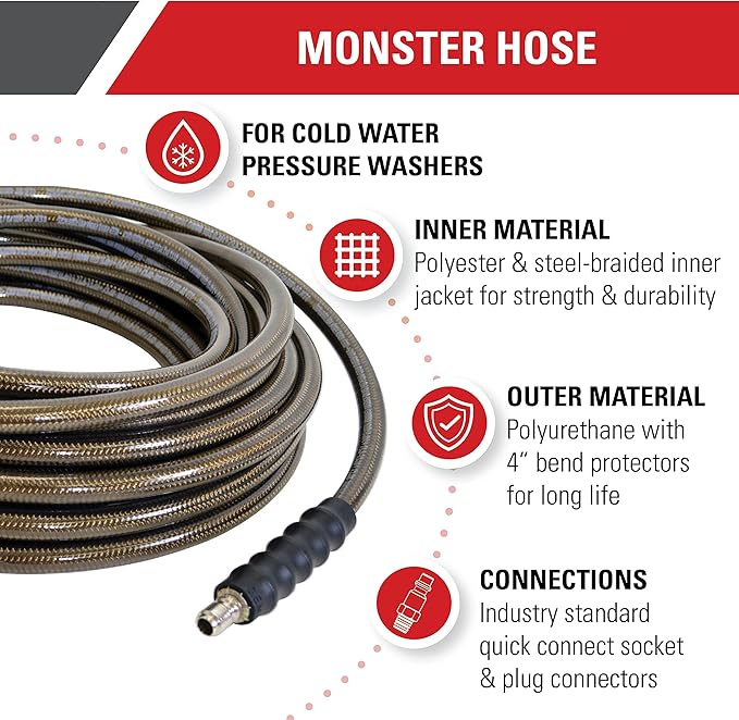 Simpson Cleaning 41034 Monster Series 4500 PSI Pressure Washer Hose, Cold Water Use, 3/8 Inch Inner Diameter, 200-Foot, Brown