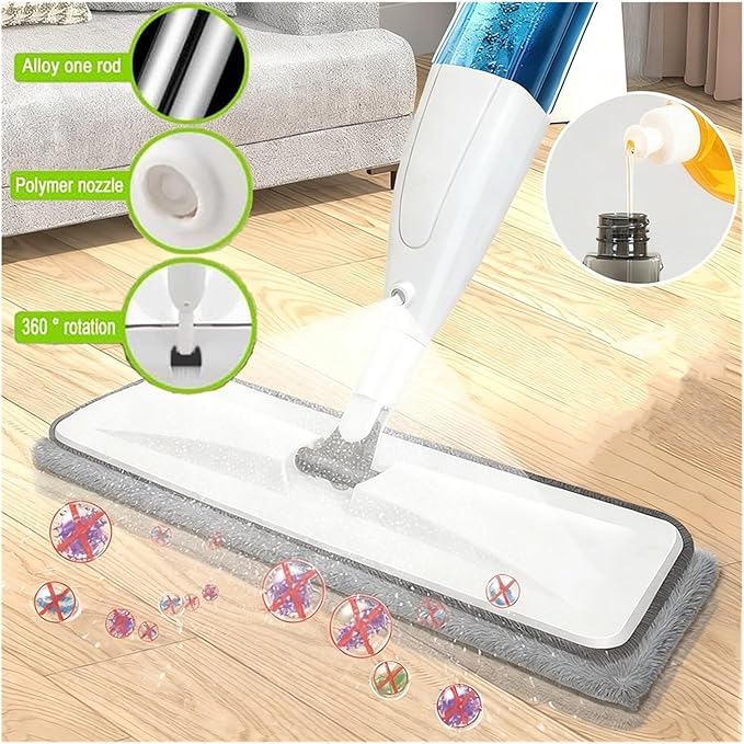 Large Household Spray Mop with Replaceable Microfiber Pad for Wet and Dry Cleaning Pads Rotating Broom(Mop with 2pc Cloth)