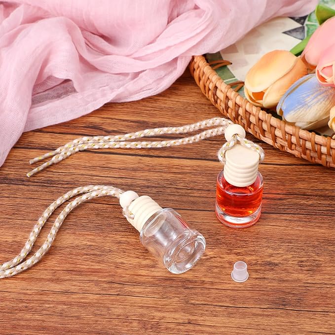 50 Pcs Hanging Car Air Freshener Car Diffuser Bottles Empty Glass Perfume Bottles Freshener Diffuser Bottle Pendant for Essential Oil Fragrance Aromatherapy Bottle Ornament (Cylinder)