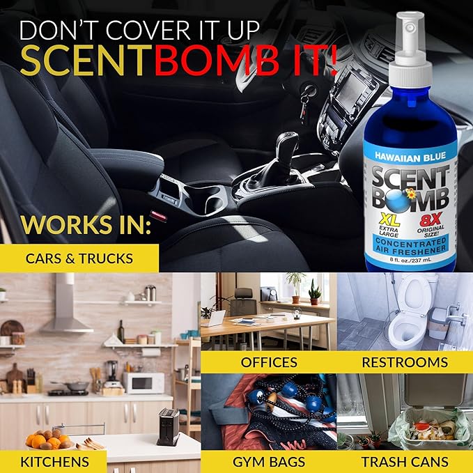 Scent Bomb Air Freshener Bundle - 1 oz & 8 oz Bottle Sprays, Vent Clip, Organic Cans, Hanging Circle - Continuous Freshness & Long-Lasting Odor Eliminator for Car, Home, Bathroom - Hawaiian Blue