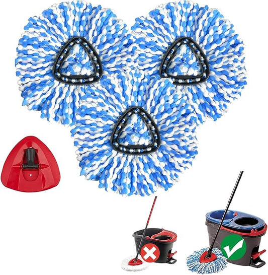 3 Pack Spin Mop Replacement Heads Compatible with O Cedar RinseClean 2-Tank System, Microfiber Spin Mop Refills Replace Heads, Deep Cleaning, Machine Washable, Includes 1 Mop Base (Blue)