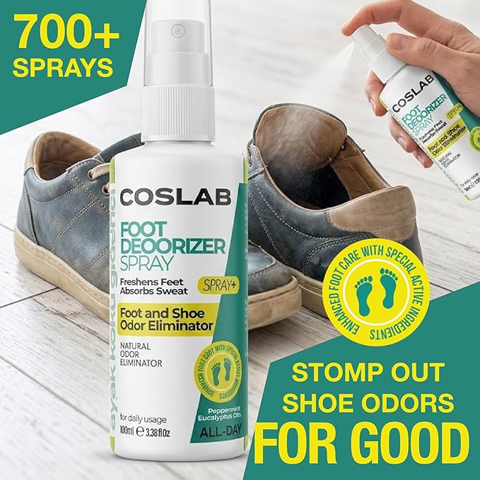 Foot Deodorizer Spray, Natural Odor Eliminator with Peppermint and Eucalyptus Oils, 700+ Sprays, 3.38 fl oz