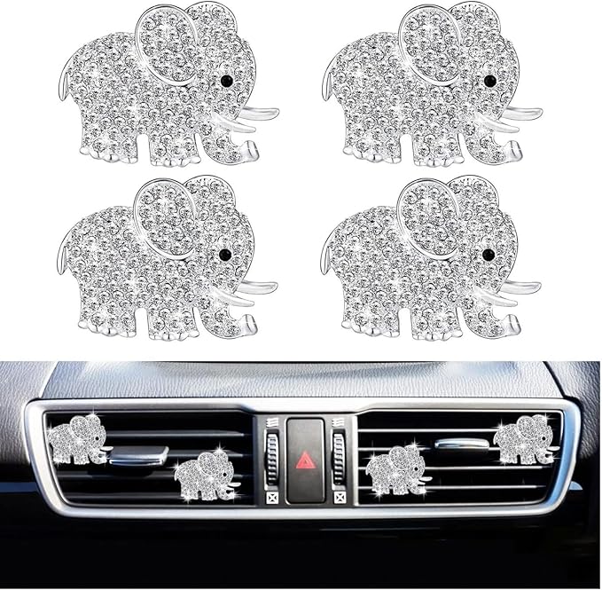4Pcs Bling Elephant Air Vent Clips,Crystal Car Air Fresheners Vent Clip Cars Diffuser Vent Clip Rhinestone Diamond Elephant Cars Decoration Interior Decor Bling Car Accessories
