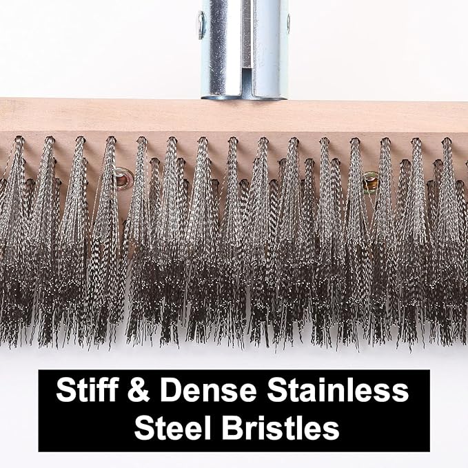 Stainless Steel Wire Scrub Brush with 63" Long Handle, 2PCS 8" Brush Heads, Heavy Duty Large Wire Brush, Stiff Metal Bristle Floor Scrubber, Patio Floor Cleaning, Wire Broom for Concrete, Deck, Moss