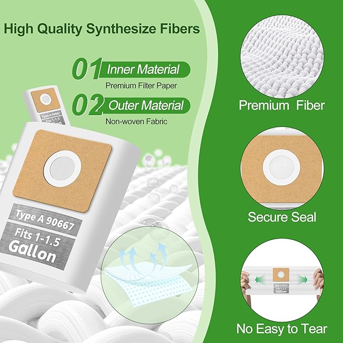 10 Pack Vacuum Bags Replacement for Shop Vac Bags 1-1.5 Gallon Type A 90667 9066700 9066733, PETOX High-Efficiency Disposable Vaccum Collection Filter Bags