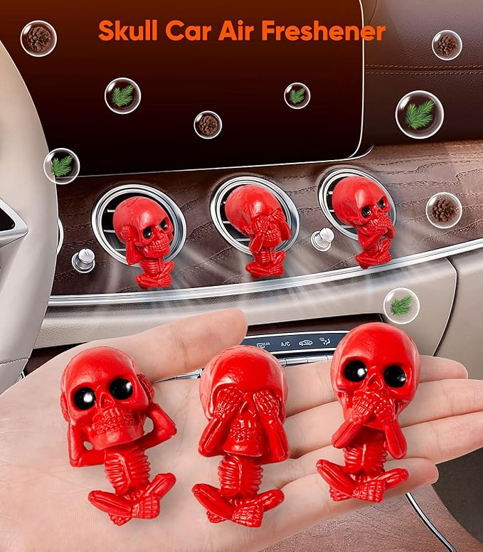 Skull Car Air Freshener Vent Clips, Goth Decor Interior, Gothic Halloween Cool Decoration Horror Skeleton Dashboard Accessories Spooky, Cute Funny Gifts for Men Women