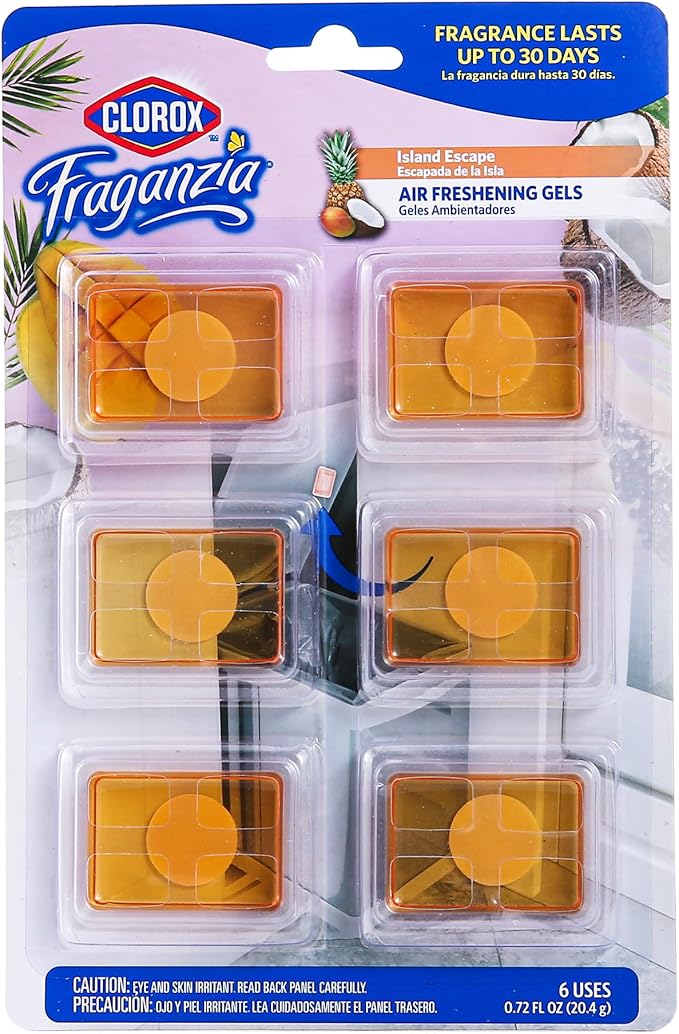 Clorox Fraganzia Stick-On Gel Fresheners, Island Escape Trash Can Deodorizer Up to 30 Days Scent, Odor Absorber for Kitchen, Bathroom, Closet, No Plug or Batteries, 0.12 Fl Oz, 6 Count