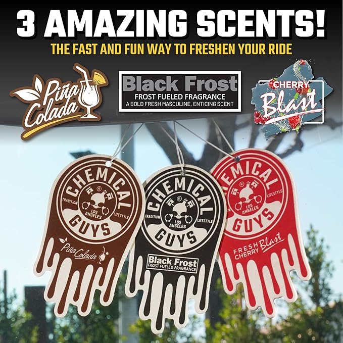 Chemical Guys Hanging Air Freshener, Variety Scent Pack 6 Pack, Great for Cars, Trucks, SUVs, RVs, Home, Garage, Workspace, Dorm Room & More (2 x 3 Packs, Black Frost, Cherry, Pina Colada) - AIR40402