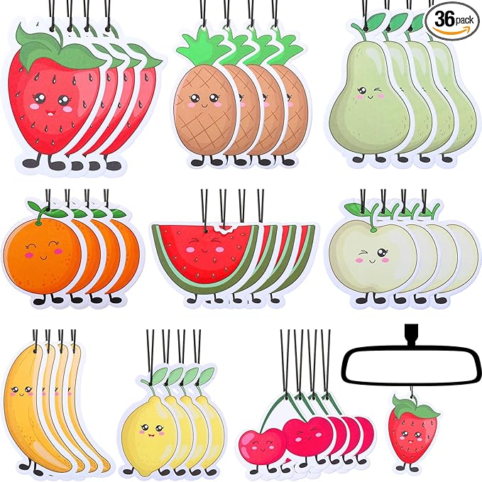 36 Pack Car Air Freshener, 9 Different Fruit Flavored Hanging Air Fresheners, Cute Fruit Shape, Lemon, Banana, Strawberry, Green Apple, Cherry, Orange, Watermelon, Pear, Pineapple