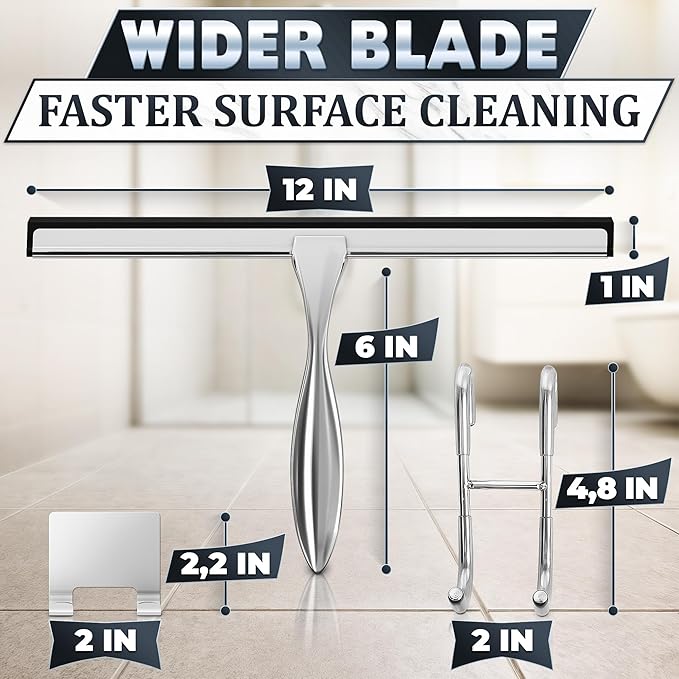 Shower Door Squeegee with Adhesive & Hanging Hooks, 12" Silicone Blade - Stainless Steel All-Purpose Squeegee for Shower Glass, Bathroom Mirror Cleaner Tool Suitable for Tile Walls - Multi-Surface Use
