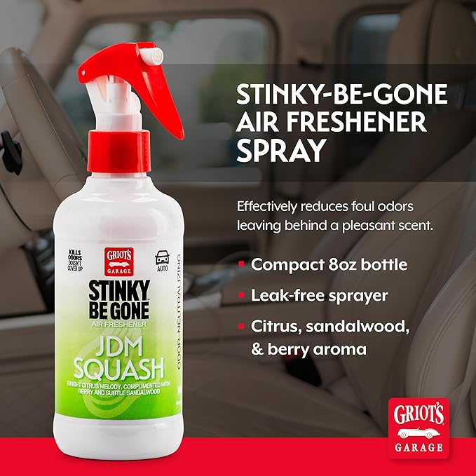 Griot's Garage Stinky-Be-Gone JDM Squash Air Freshener Spray – Odor Remover for Cars, Trucks, and SUVs on Carpets, Floor Mats, and Under Seats, 8oz