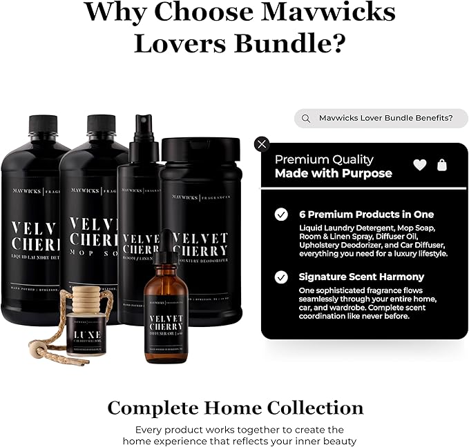 Fragrances - Lovers Bundle – 6-Piece Set | Velvet Cherry | Laundry Detergent 32oz, Mop Soap 32oz, Linen & Room Spray 8oz, Diffuser Oil 2oz, Upholstery Deodorizer 16oz & Car Diffuser