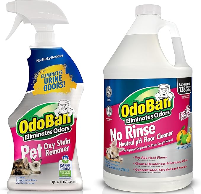 OdoBan Disinfectant Concentrate and Odor Eliminator, 2 Gallons, Fresh Linen Scent & Pet Solutions Neutral pH Floor Cleaner Concentrate, 1 Gallon, and Oxy Stain Remover, 32 Ounce Spray