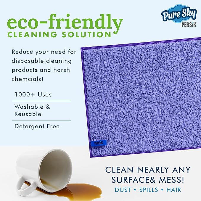 persik Pure-Sky Magic Deep Clean Cleaning Cloth – JUST ADD Water No Detergents Needed - Multipurpose Ultra Microfiber Cloth - Attachable to Mop, or as Handheld Microfiber Towels - Pack of 2