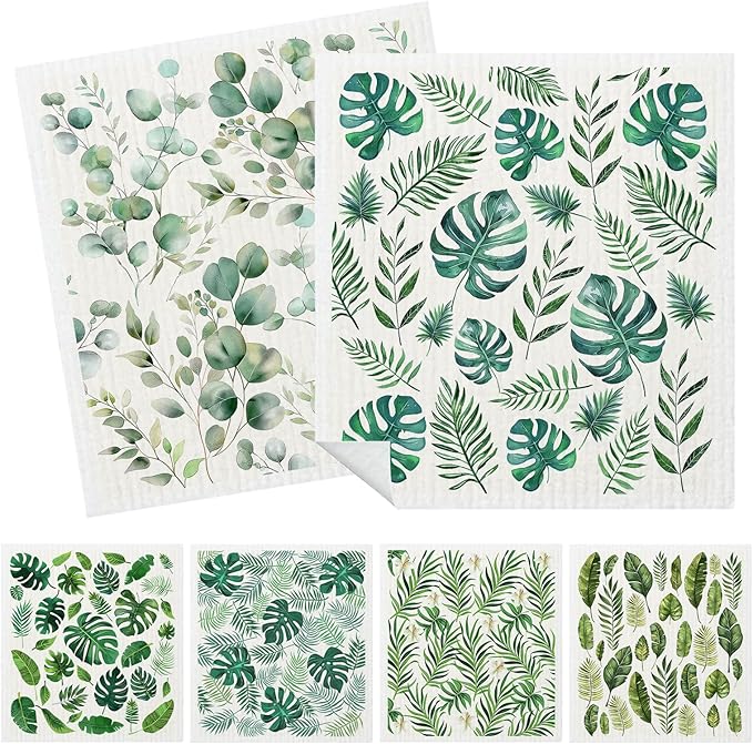 Mixed Plants Swedish Kitchen Dishcloths Dish Towels 6 Pack, Plants Dish Towels for Kitchen, Swedish Dishcloth with Ferns, Paper Towels Reusable, Dish Cloth Towel Cleaning Wipe for Home Party