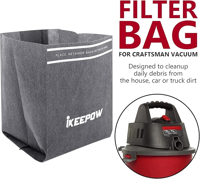 CMXZVBE38737 Shop Vac Filter Bags for CRAFTSMAN 2 to 2.5 Gallon Wet/Dry Vacuums, 4 Bags + 2 Retaining Band, Part# 38737