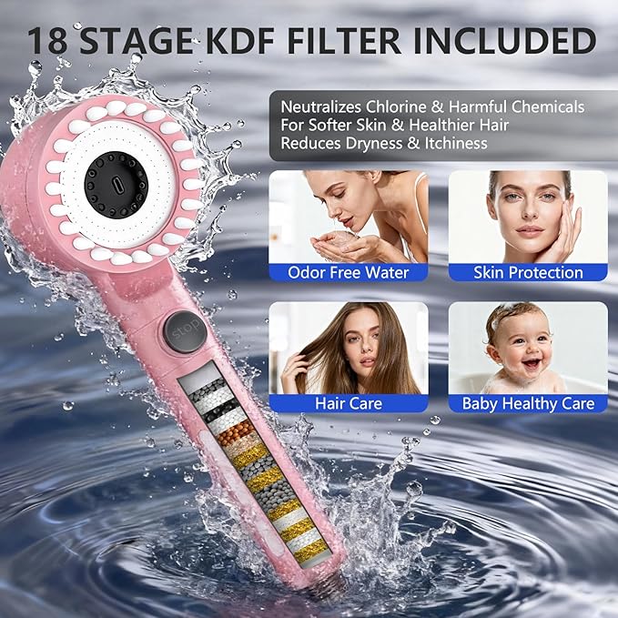 Filtered Shower Head with Handheld, High Pressure Water Flow and Multiple Spray Modes Shower Head with Filter, Power Wash for Hard Water, Showerhead with ON/OFF Switch for Pets Bath (Pink)