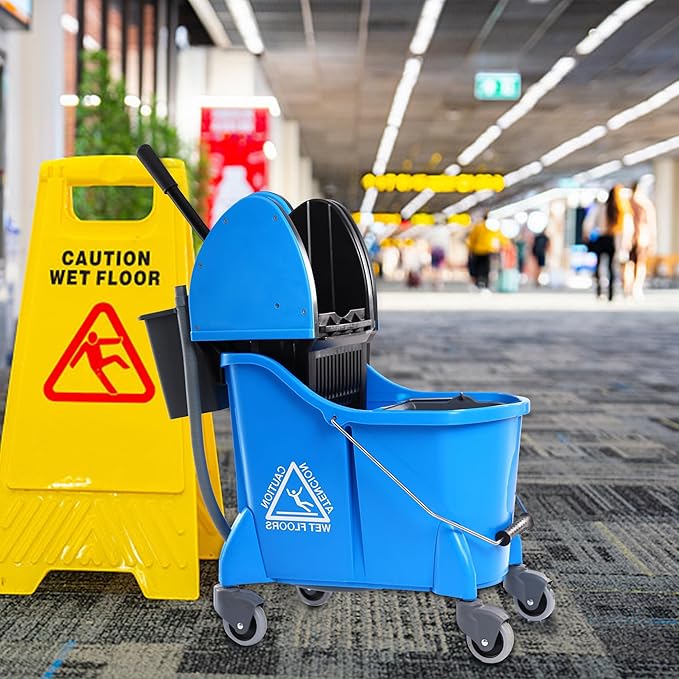 Mop Bucket with Wringer, Mop Bucket Separate Dirty Water for Floor Cleaning with Drain Pipe &Storage Bucket, Blue