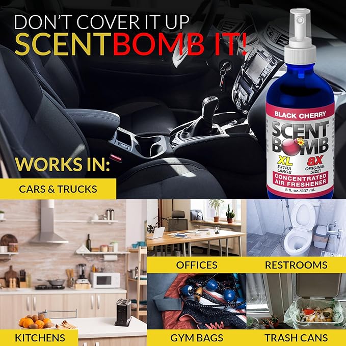 Scent Bomb Air Freshener Bundle - 1 oz & 8 oz Bottle Sprays, Vent Clip, Organic Cans, Hanging Circle - Continuous Freshness & Long-Lasting Odor Eliminator for Car, Home, Bathroom - Black Cherry