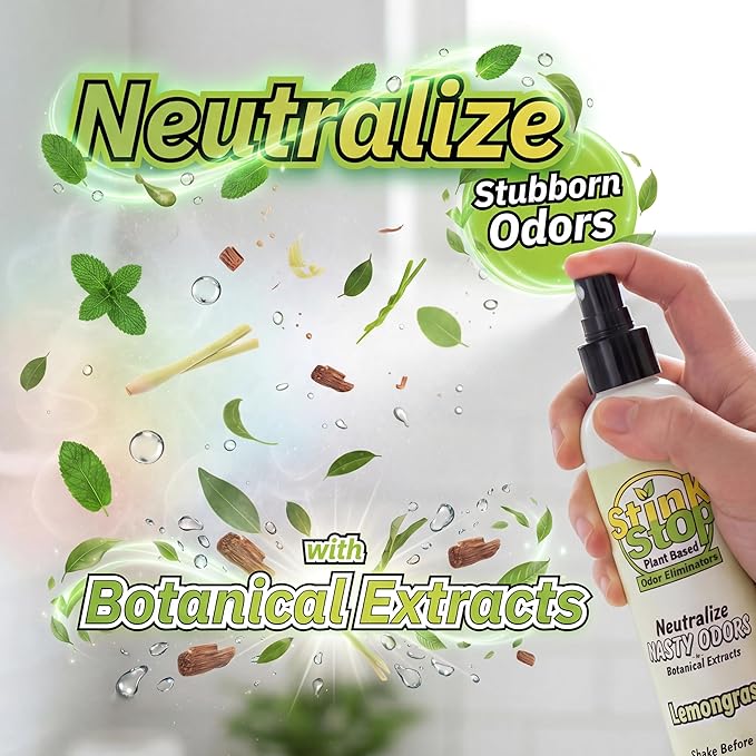 Plant Based Odor Eliminator: Neutralizing Spray - Refresh Stubborn Stinky Odors w/Botanical Extracts Area Deodorizer, Post Poop Spray & Car Interior Funk Freshener (4 fl oz, Lemongrass)