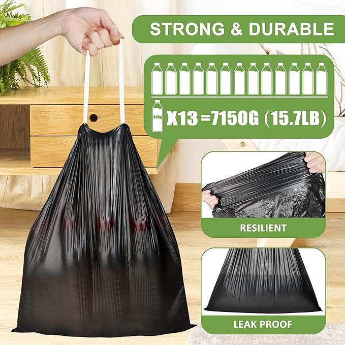 132 Count-Small Trash Bags, 4 Gallon Trash Bag Drawstring,Bathroom Garbage Bags，Tear-Free Garbage Bags ，Plastic Wastebasket Liners for Toilet Home Office and Bedroom(Black)