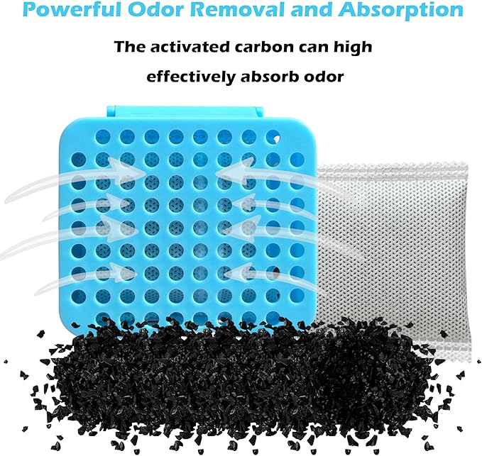 2 Pack Stick On Deodorizing Box, 12 Pack Odor Removing Refills for Trash Can, Activated Charcoal Odor Eliminator for Indoor Kitchen Trash/Diaper Pails/Wardrobe/Shoe Cabinet (Blue)