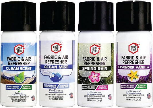 Odor Stop Fabric & Air Refresher, Fights Strong Odors, Fabric Freshener For Car Interiors, Closets, Upholstery, Curtains, & Carpets, Travel Size - ASSORTED SCENT 4 PACK - 1.4 oz Cans