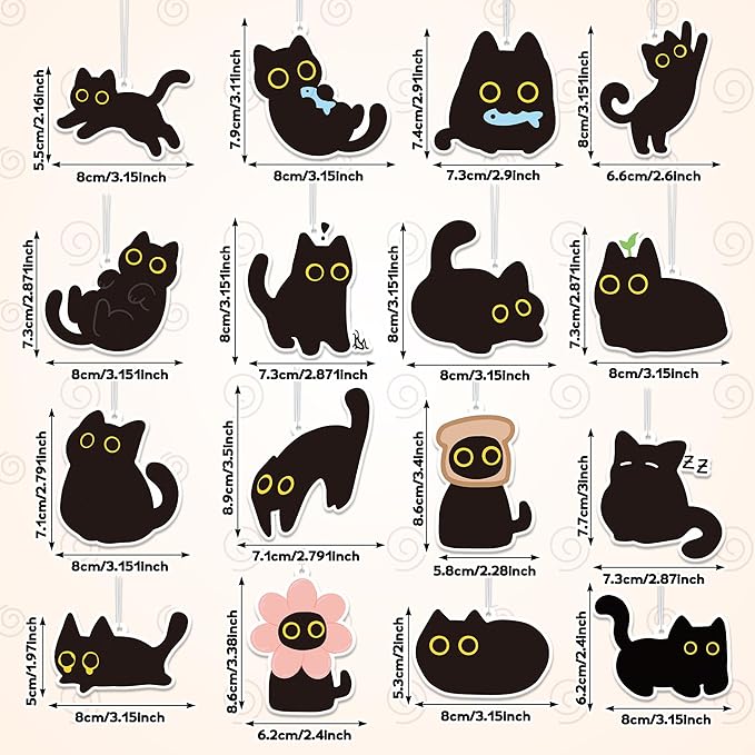 Funny Black Cat Car Air Fresheners - 16Pcs Cute Cartoon Meme Freshener Hanging Ornaments for Women, Kitten Hanging Interior Scent Accessories for Birthday Party Gift Car Mirror Wardrobe Home