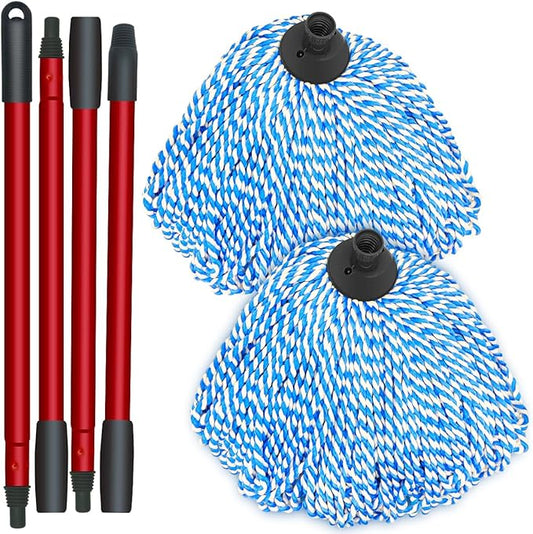1 PCS Ocedar Spin Mop Four-Section Handle and 2 PCS Cotton String Screw on Mop Replacement Head Compatible with Ocedar as Well All Standard US Threading Pole (Acme 3/4 inch Thread),Blue